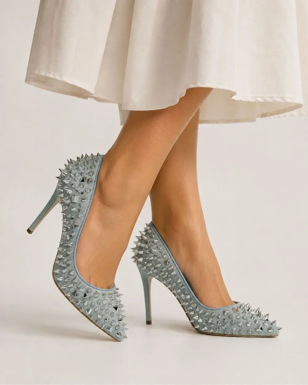 Azalea Wang Flex Denim Spike Studded Pointed Toe Stiletto Pumps Size 6